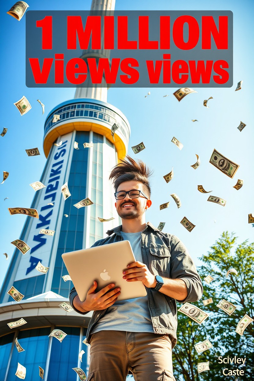 A realistic-looking person standing confidently next to the iconic Uzbek TV tower, which prominently features the inscription 'SANJIKLIVE' on its side