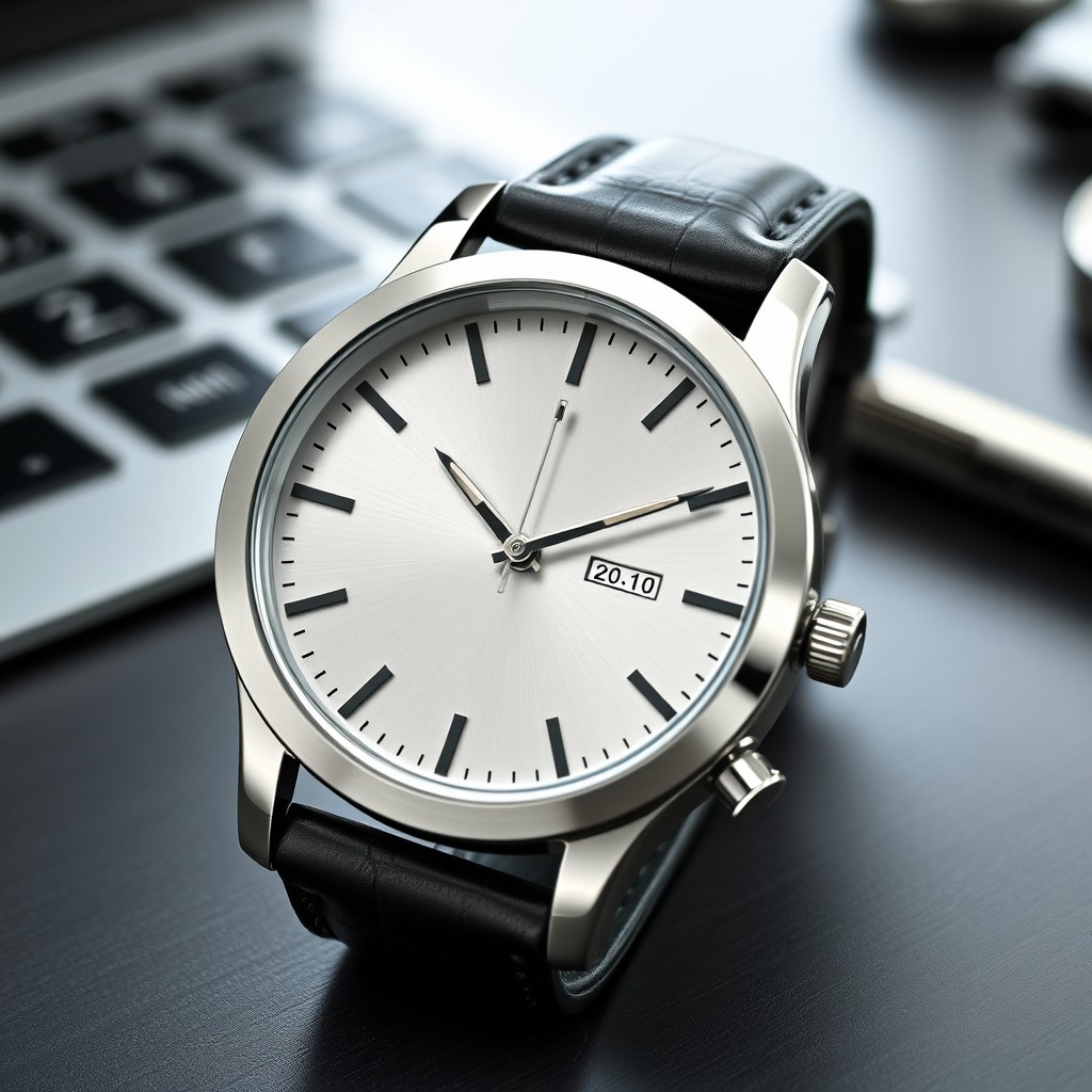 A sleek and modern watch design, featuring a round stainless steel case with a minimalist face