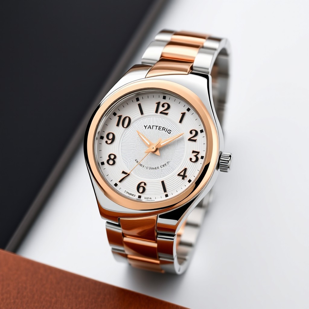 A luxurious wristwatch featuring a unique amorphous form, with a rose gold bezel elegantly contrasting against a sleek stainless steel case