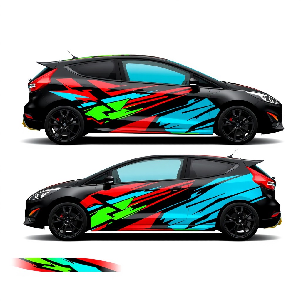 Graphic design strips for a sleek black Ford Fiesta Daytona Chasys 666, featuring bold, dynamic geometric shapes and stripes in vibrant colors such as electric blue, bright red, and neon green
