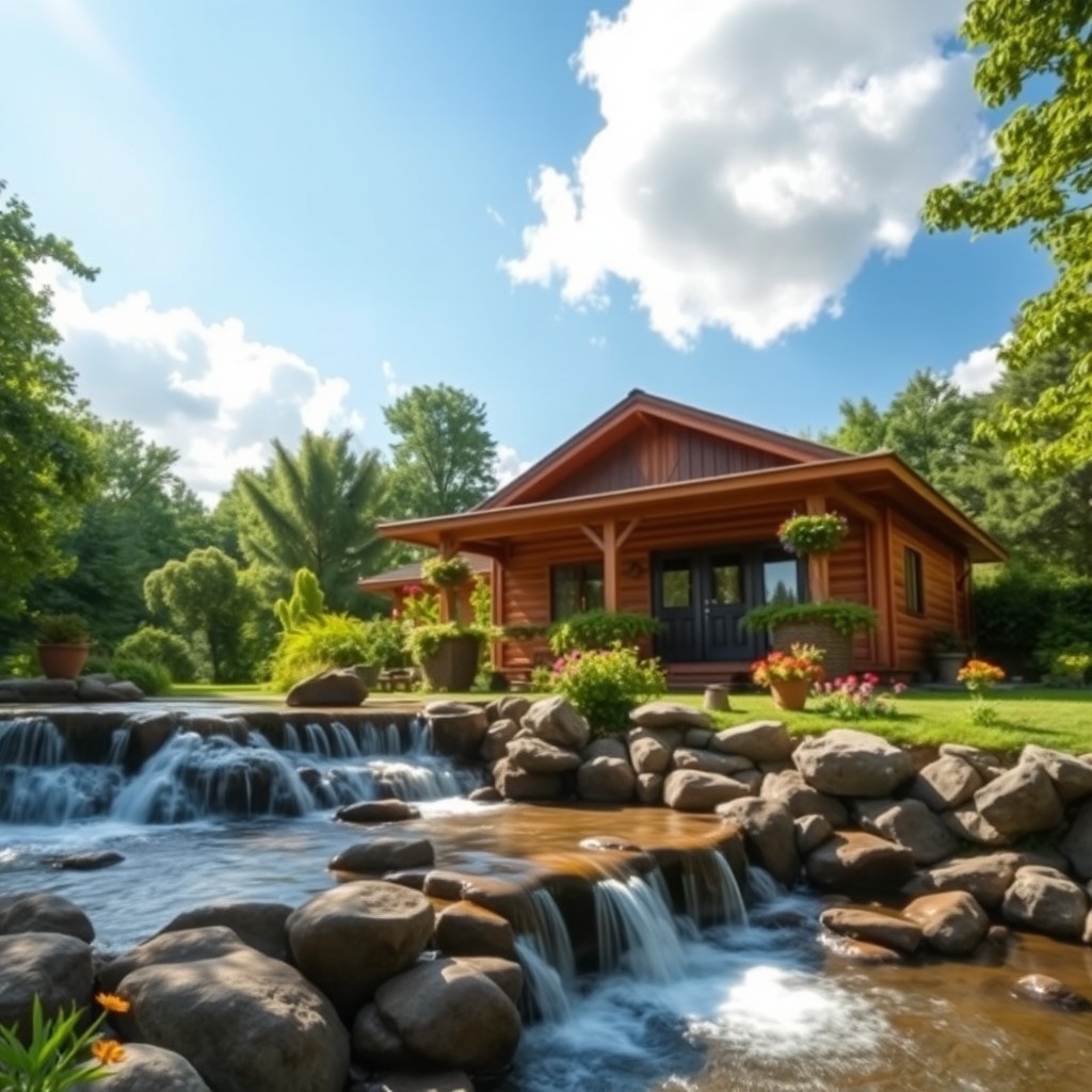 A serene bungalow set in a lush green landscape, featuring a cascading waterfall in the foreground