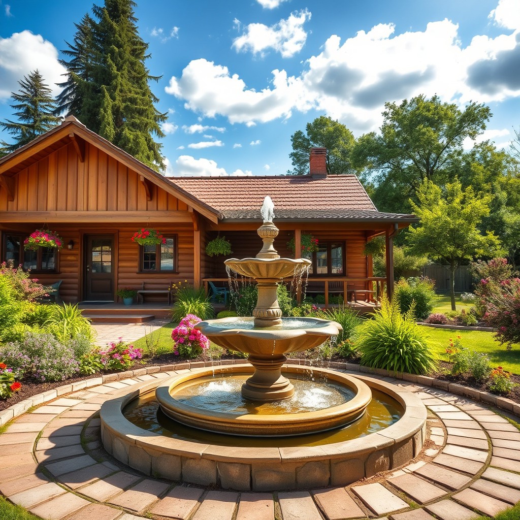 A charming bungalow nestled in a picturesque garden, featuring a beautiful fountain in the center of the scene