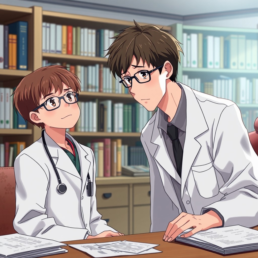 An anime-style scene featuring an 18-year-old male character with a youthful appearance, wearing glasses and having brown hair