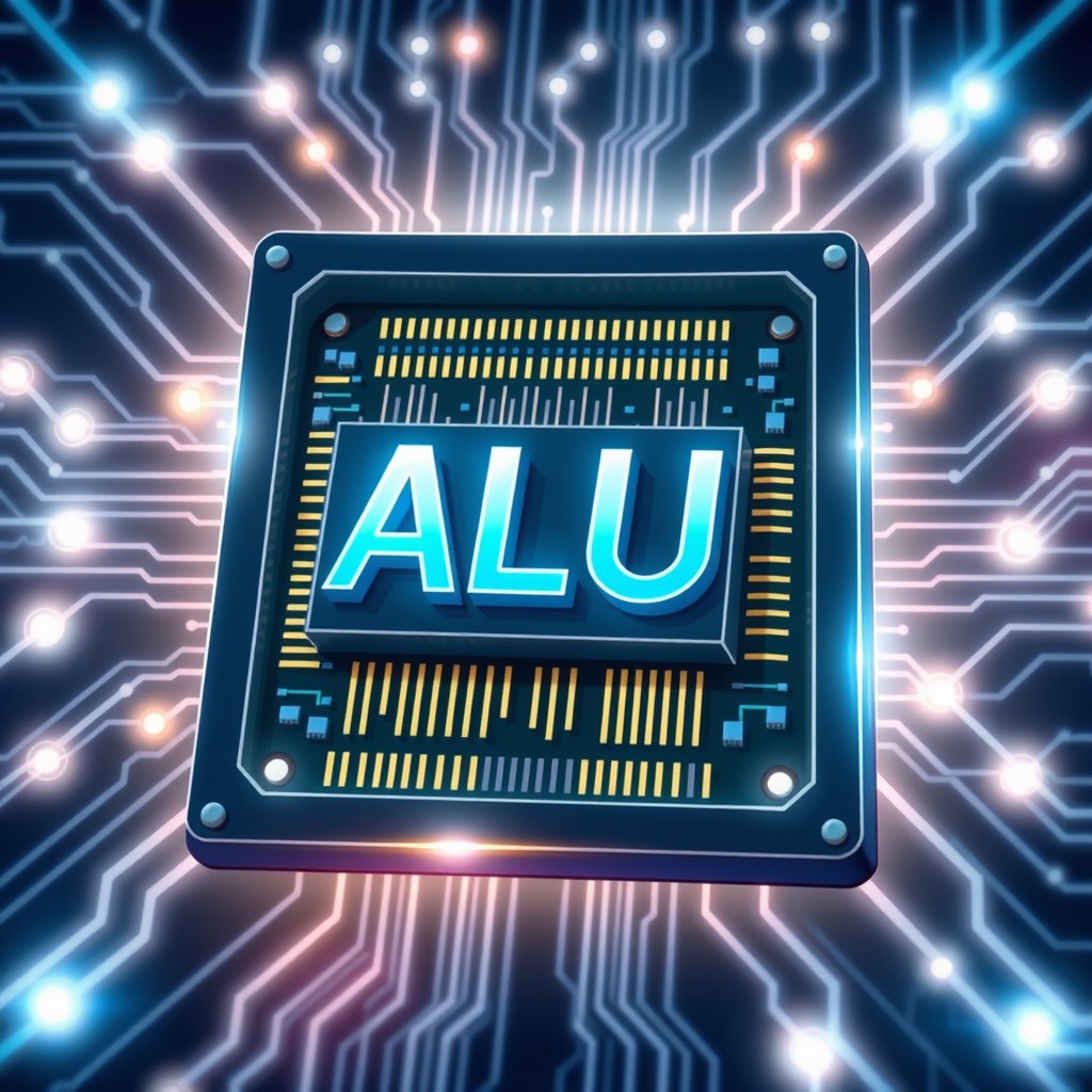 An illustration of an ALU (Arithmetic Logic Unit) inside a modern computer processor, showcasing the intricate details of its architecture