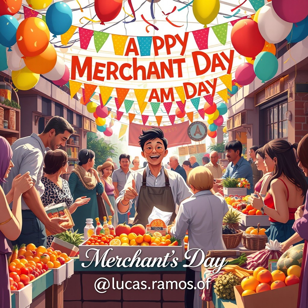A vibrant and festive scene celebrating Merchant's Day, featuring colorful decorations such as balloons, banners, and confetti