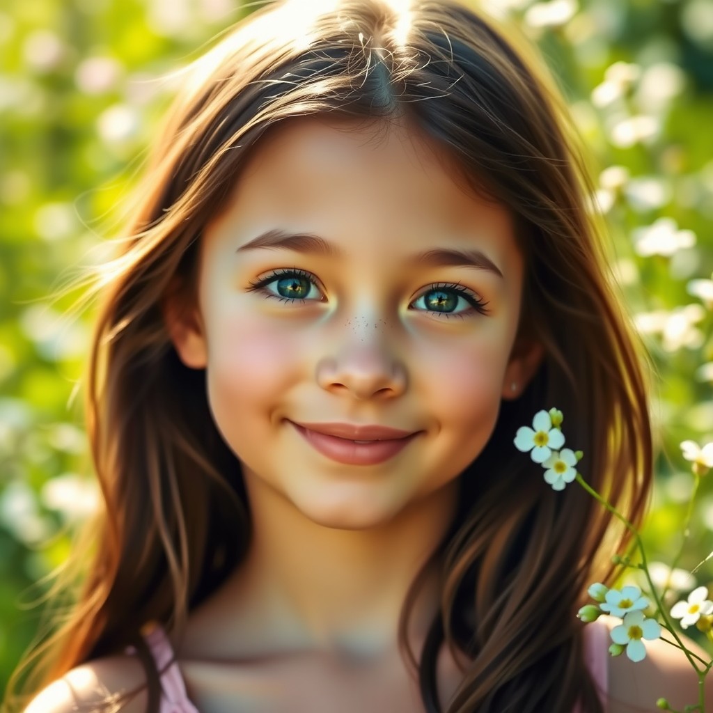 A beautiful natural girl with a small, pointed nose and slightly bluish eyes