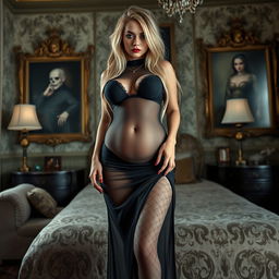 A visually striking and seductive young woman characterized by an exaggerated hourglass figure and a thin face, with long, messy dirty blond hair cascading around her