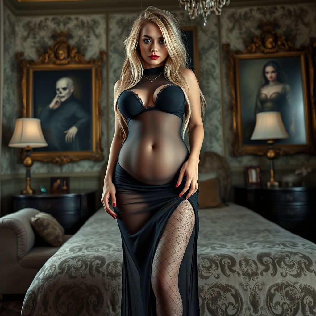 A visually striking and seductive young woman characterized by an exaggerated hourglass figure and a thin face, with long, messy dirty blond hair cascading around her