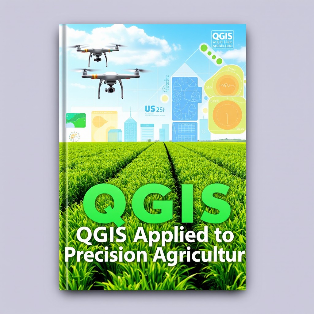 A visually engaging book cover design that features elements of precision agriculture and the QGIS software