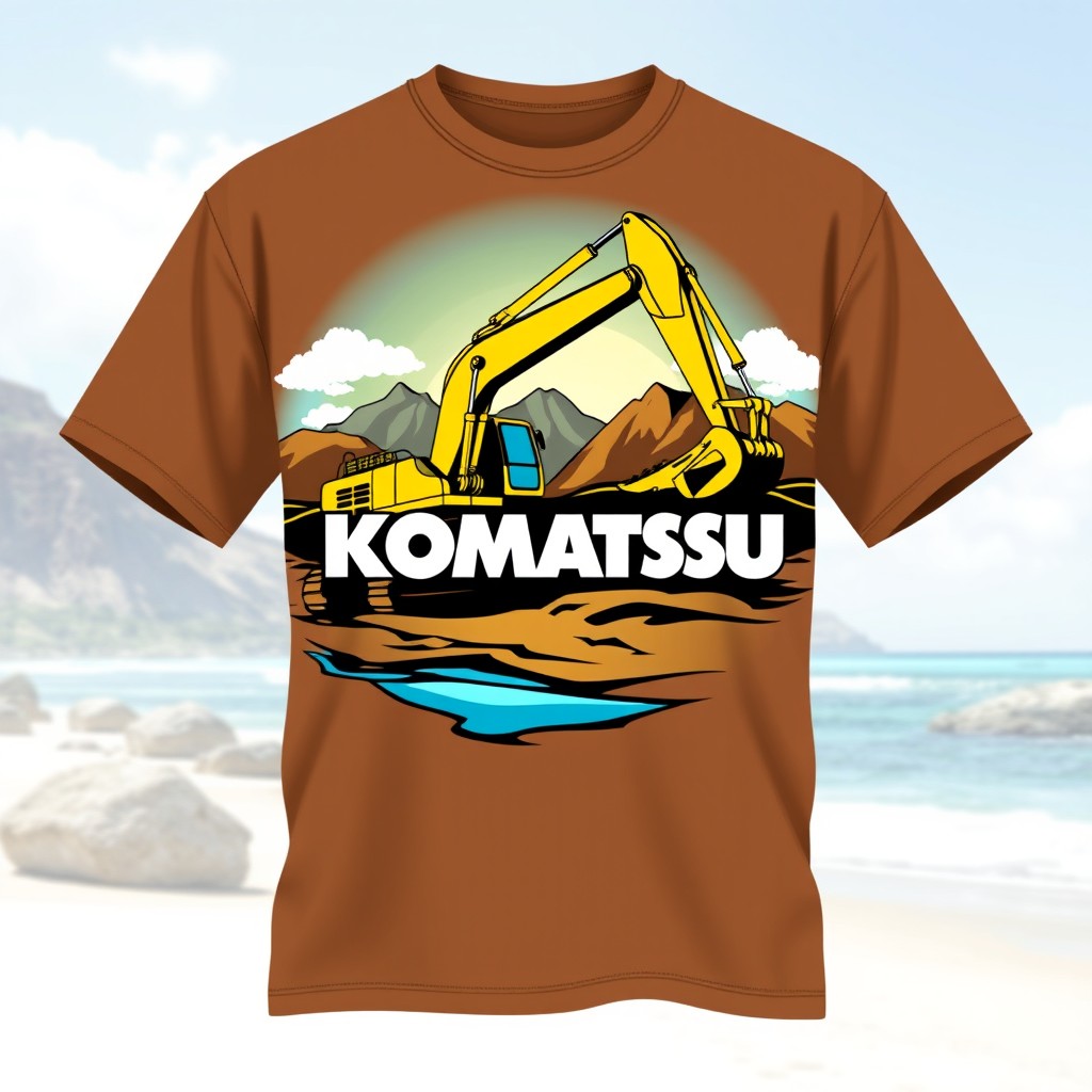 A casual brown t-shirt featuring a bold and stylish design that prominently displays the Komatsu heavy equipment brand logo