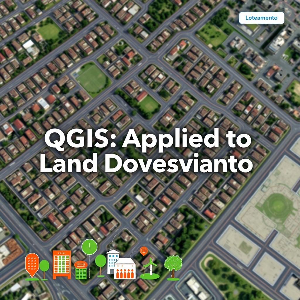 A captivating book cover design focusing on QGIS applied to land subdivision (loteamento)