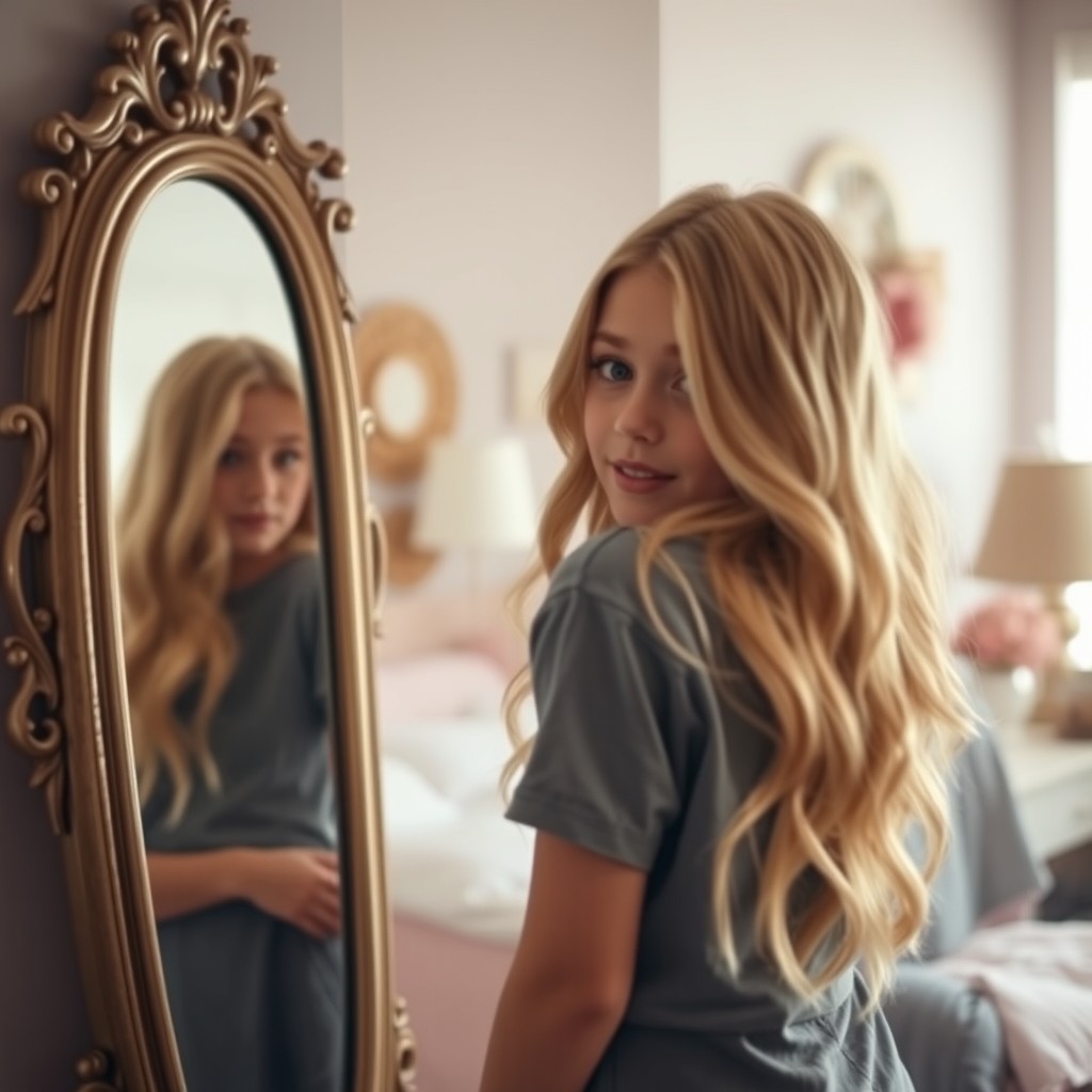 A beautiful blonde girl looking at her reflection in a mirror, noticing her shadow