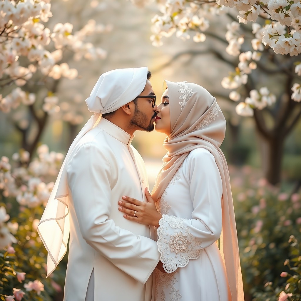 A romantic and intimate scene capturing a Muslim couple sharing a tender kiss