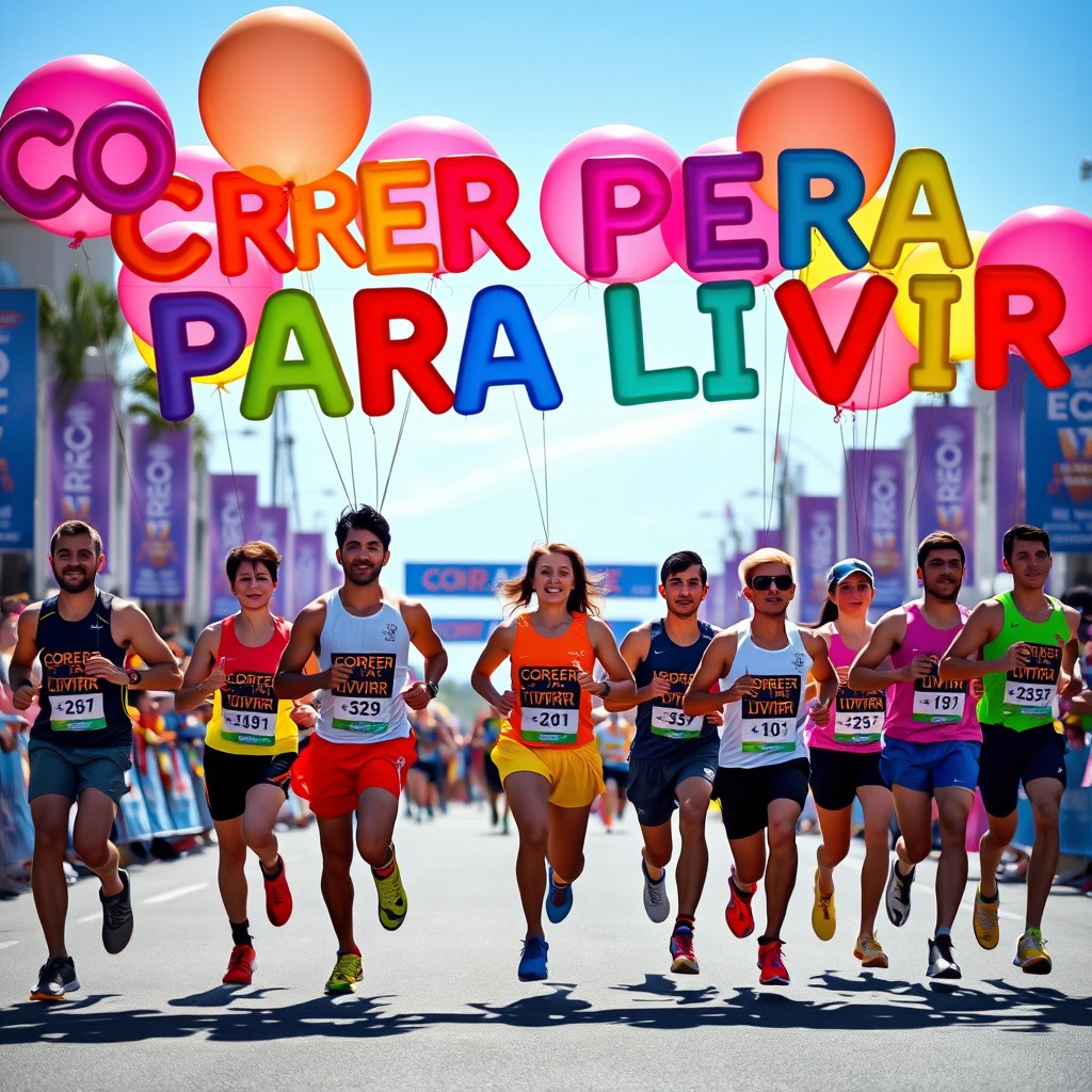 A vibrant and dynamic scene featuring ten runners of diverse backgrounds and athletic builds, each holding a colorful balloon overhead