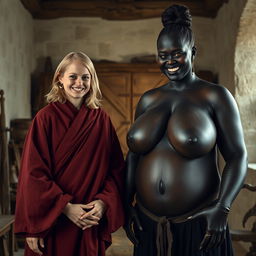 Inside a medieval room, a very happy 19-year-old malnourished blonde woman with medium-length hair is wearing a long, closed noble Buddhist cloak