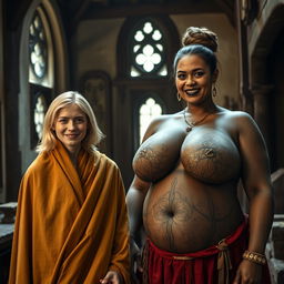 Inside a medieval room, a very happy 19-year-old malnourished blonde woman with medium-length hair is wearing a long, closed noble Buddhist cloak