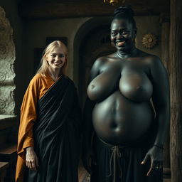 Inside a medieval room, a very happy 19-year-old malnourished blonde woman with medium-length hair is wearing a long, closed noble Buddhist cloak