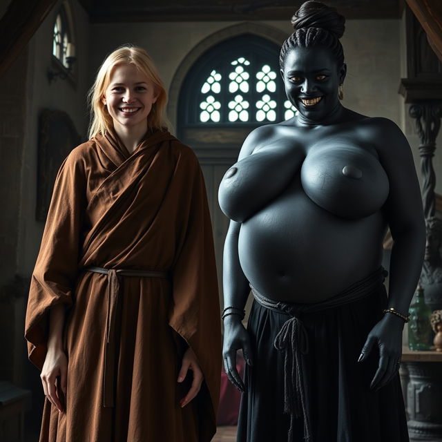 Inside a medieval room, a very happy 19-year-old malnourished blonde woman with medium-length hair is wearing a long, closed noble Buddhist cloak