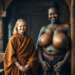 Inside a medieval room, a very happy 19-year-old malnourished blonde woman with medium-length hair is wearing a long, closed noble Buddhist cloak