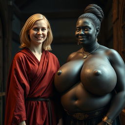 Inside a medieval room, a very happy 19-year-old malnourished blonde woman with medium-length hair is wearing a long, closed noble Buddhist cloak