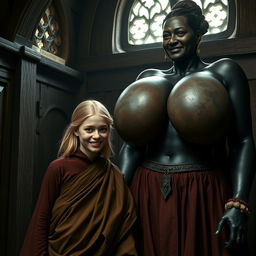 Inside a medieval room, a very happy 19-year-old malnourished blonde woman with medium-length hair wears a long, fully closed noble Buddhist cloak