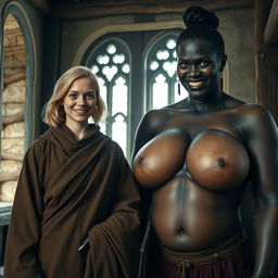 Inside a medieval room, a very happy 19-year-old malnourished blonde woman with medium-length hair wears a long, fully closed noble Buddhist cloak