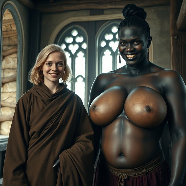 Inside a medieval room, a very happy 19-year-old malnourished blonde woman with medium-length hair wears a long, fully closed noble Buddhist cloak