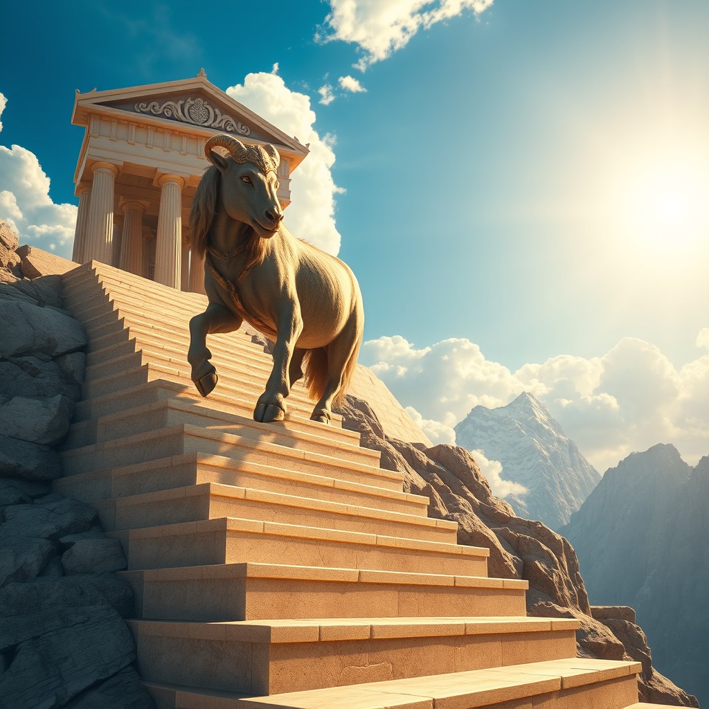 Chiron, the wise centaur from Greek mythology, gracefully climbing the majestic steps of Olympus, surrounded by ethereal clouds and a radiant blue sky