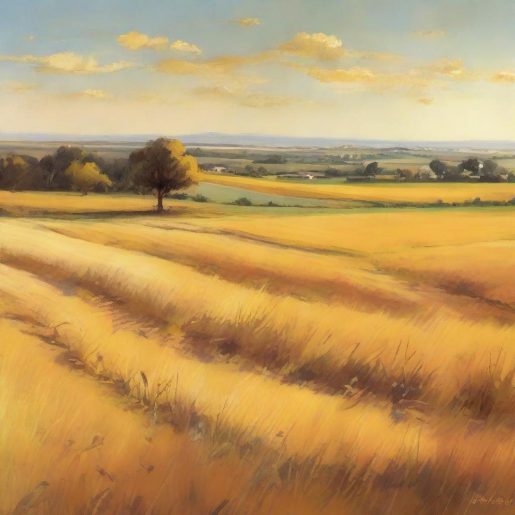 An expansive field, awash with the rich, warming hues of golden yellow under a clear, sunny sky.