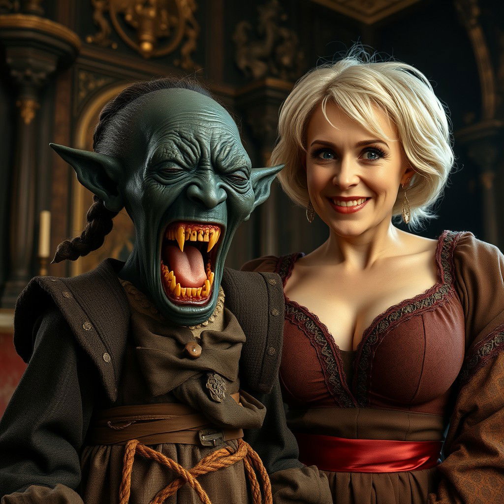 In a richly adorned medieval room, a striking scene captures a malevolent, very short, malnourished 30-year-old Black female dwarf with deep black skin