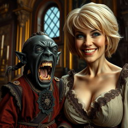 In a richly adorned medieval room, a striking scene captures a malevolent, very short, malnourished 30-year-old Black female dwarf with deep black skin