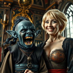 In a richly adorned medieval room, a striking scene captures a malevolent, very short, malnourished 30-year-old Black female dwarf with deep black skin