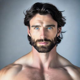 An alluring, tall and muscular man with dark blue eyes and pale skin, complemented with wavy black hair and a short beard, intensifying his hot appeal.