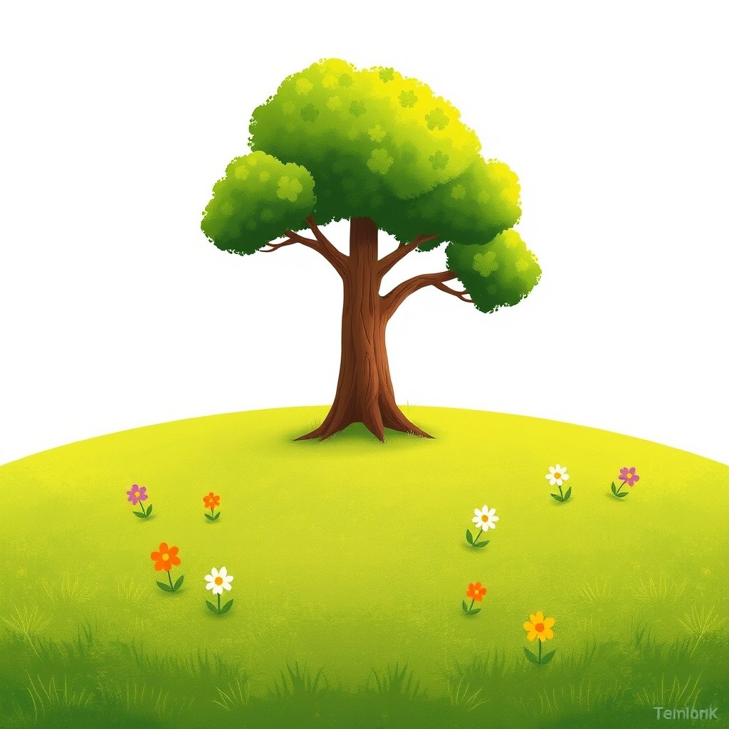 A charming scene on green grass featuring a tall, majestic tree with a sturdy trunk and lush, full foliage