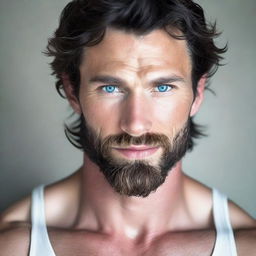 An alluring, tall and muscular man with dark blue eyes and pale skin, complemented with wavy black hair and a short beard, intensifying his hot appeal.