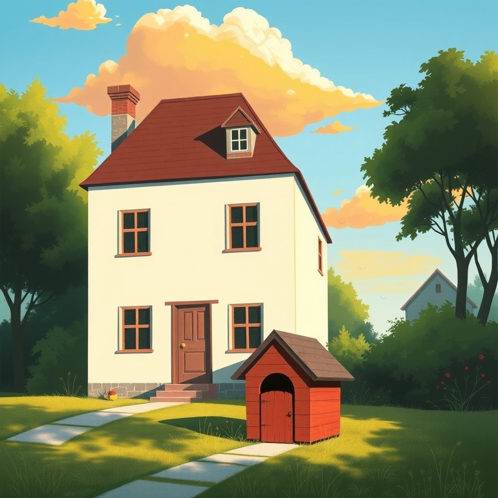 A large house in the foreground with a small dog house nearby, illustrated in the whimsical style of Jon Klassen