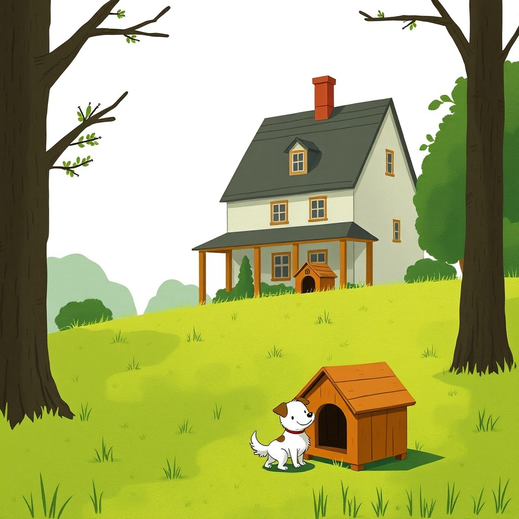 A large house situated on lush green grass, with a small wooden doghouse positioned not far in front of it