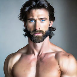 An alluring, tall and muscular man with dark blue eyes and pale skin, complemented with wavy black hair and a short beard, intensifying his hot appeal.