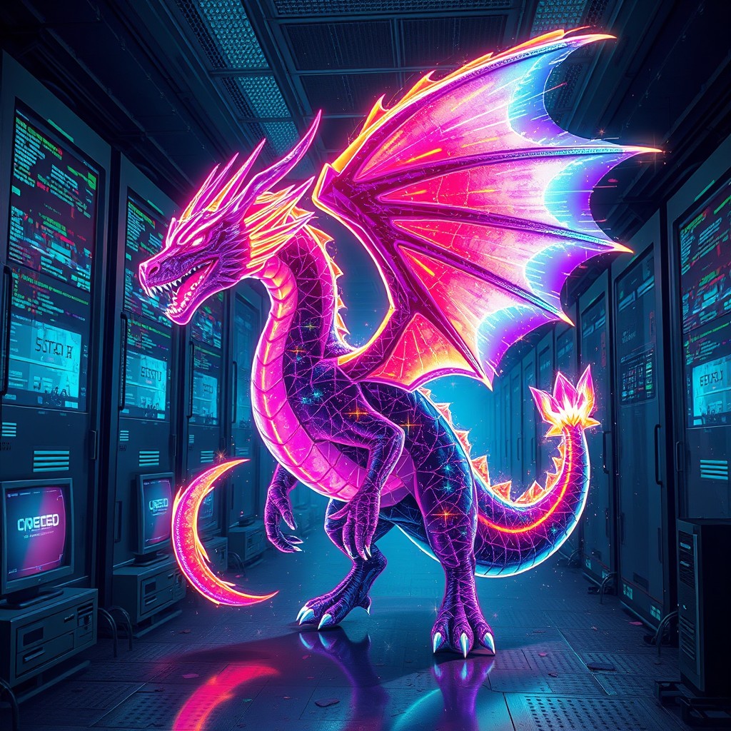 A retro-futuristic dragon emerging from corrupted code in an abandoned game server, blending half-pixel art with half-hologram elements