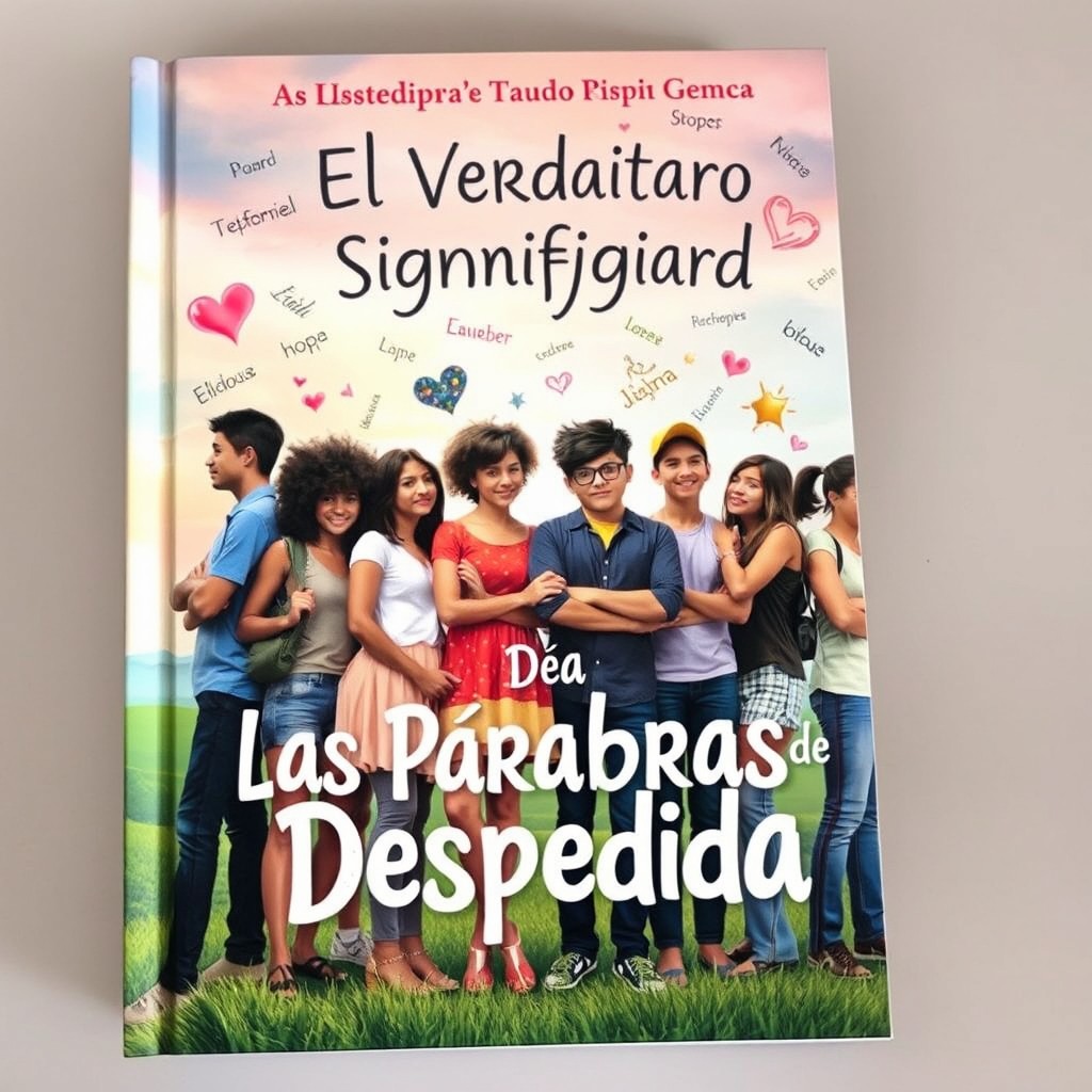 A captivating book cover for 'El Verdadero Significado de Las Palabras de Despedida', featuring a group of diverse young people standing together in a thoughtful pose, surrounded by floating words and symbols representing powerful emotions