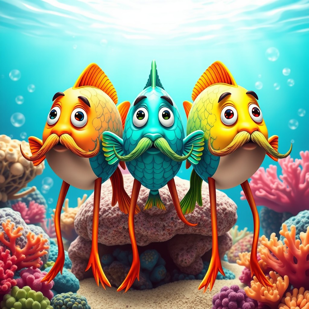 A whimsical scene featuring colorful fish with long mustaches and legs, arranged in a triangular formation