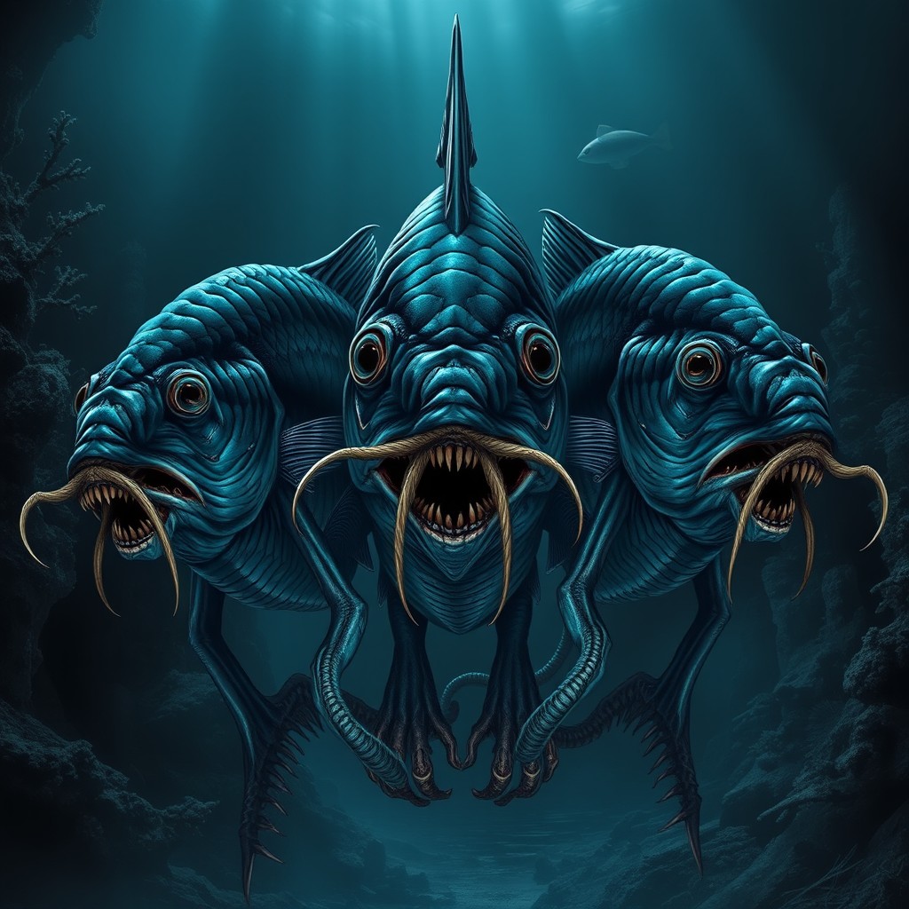 A realistic and eerie depiction of terrifying fish with long, menacing mustaches and human-like legs, arranged in a triangular formation