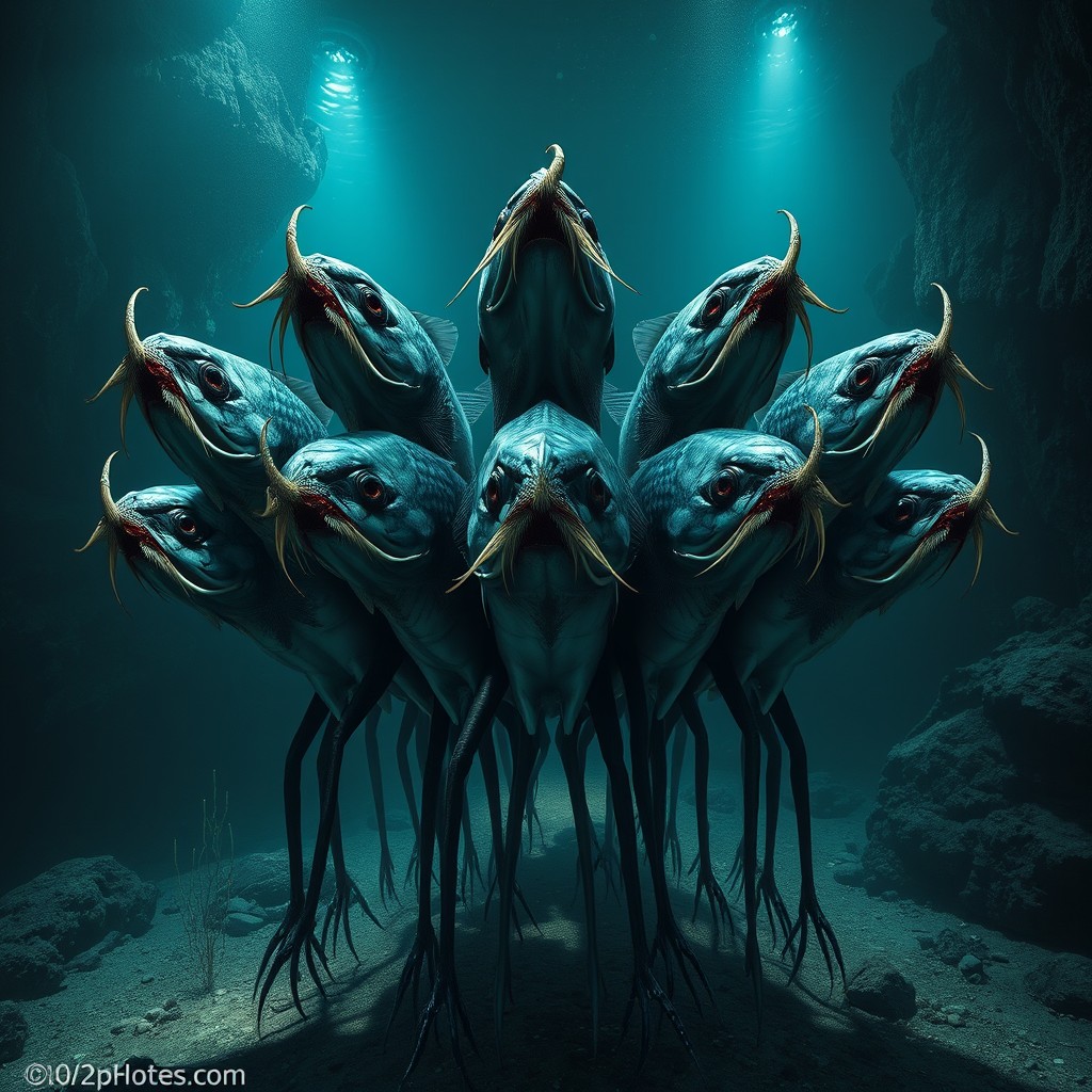 A photorealistic depiction of ten terrifying fish with long, sinister mustaches and human-like legs, arranged in a triangular formation