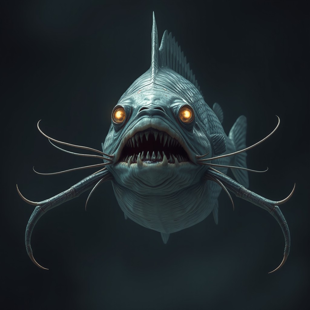 A terrifying fish with long whiskers and legs forming a triangle shape, designed in a highly realistic style