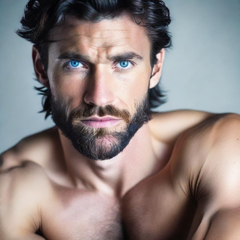 An alluring, tall and muscular man with dark blue eyes and pale skin, complemented with wavy black hair and a short beard, intensifying his hot appeal.