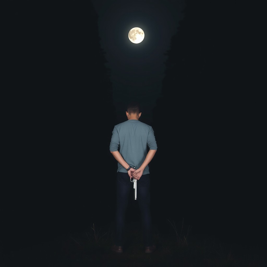 A young man standing with his back on the ground, holding a gun in his hands, set against a dark forest backdrop at night