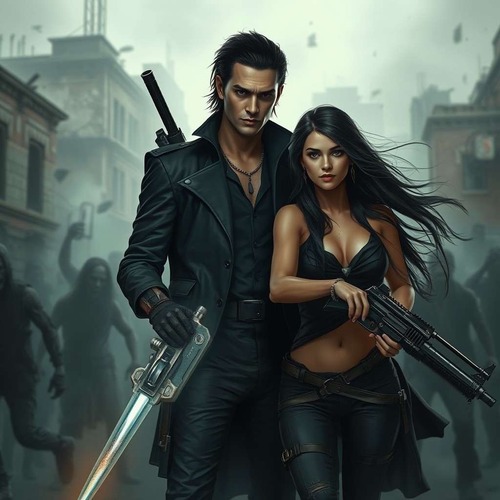 A young modern vampire with sleek black hair, dressed in a stylish yet tactical outfit that combines gothic and post-apocalyptic elements, stands protectively beside a beautiful young woman, who has long flowing hair and an adventurous spirit