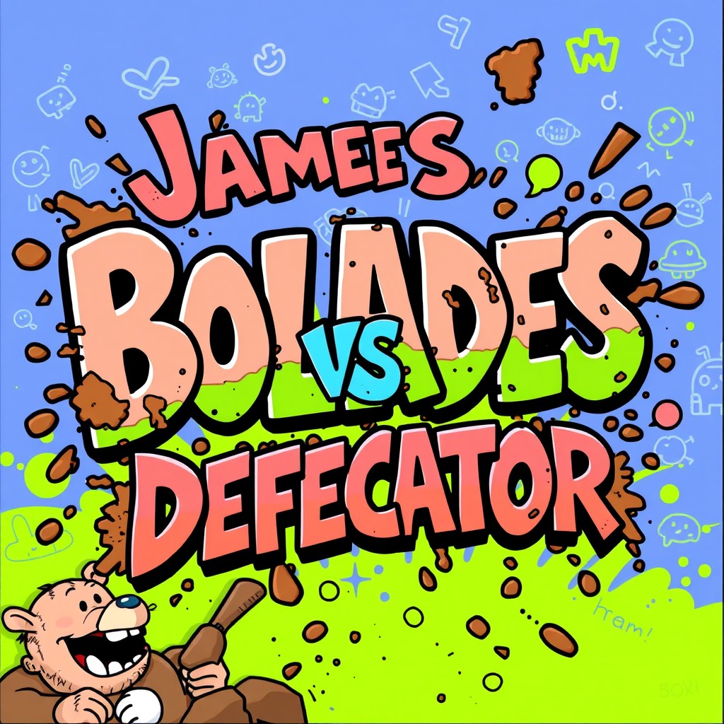 A playful and humorous illustration featuring the title "James Bolades VS Defecator" in a vibrant comic book style