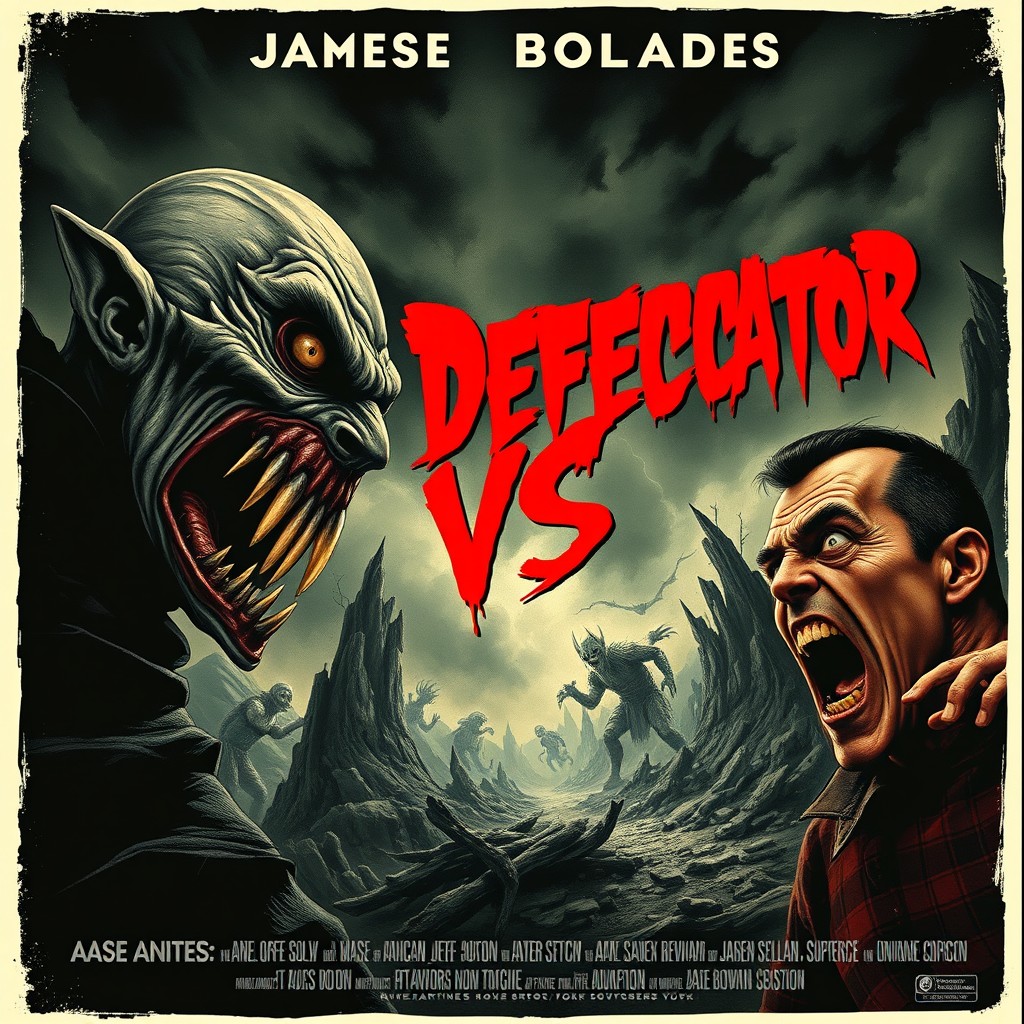 A terrifying movie poster featuring a horrifying showdown titled 'James Bolades VS Defecator'