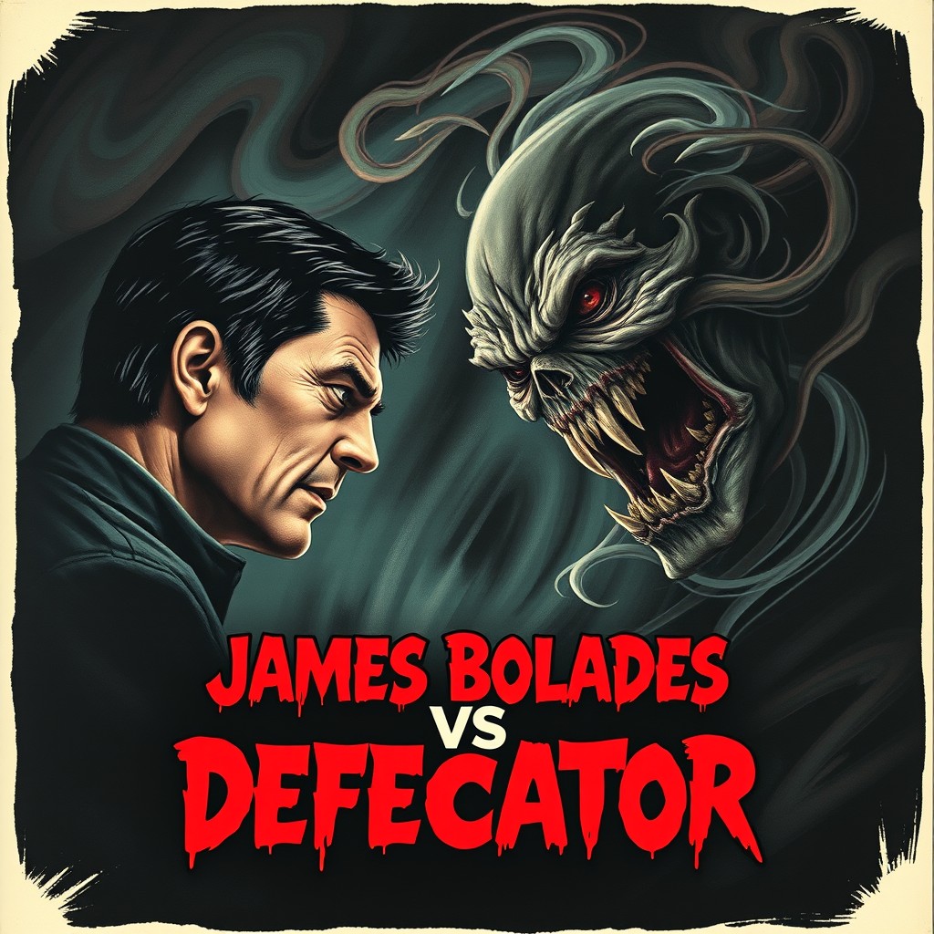 A terrifying movie poster featuring the title 'James Bolades VS Defecator'